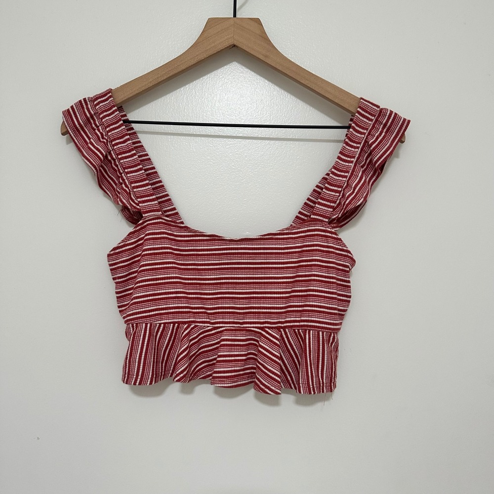 Urban Outfitters | Woman's Red White Striped Ruffle Strap Peplum Crop‎ Top, S
